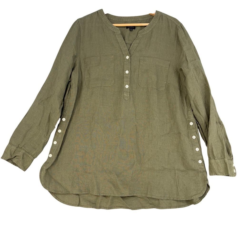 Talbots Large Olive Green Linen Button Side Tunic Blouse Coastal Beach Fall Boho